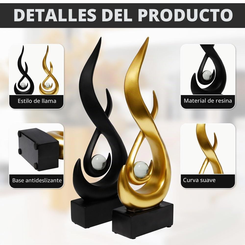 2 Piezas Esculturas de Llama Decoración Estatua Llama Moderna 29 x 8.7 x 4 cm con Bola de Cristal Escultura de Arte Abstracto para Sala de Estar, Oficinas, Comedor (Dorado, Negro)