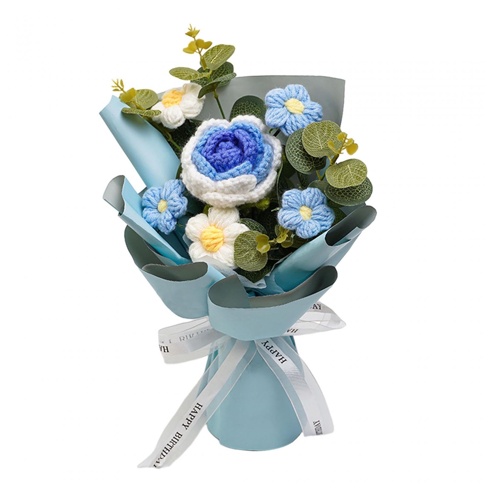 Bouquet de fleurs artificielles tricotées au crochet, douceur artisanale bleue pour le salon