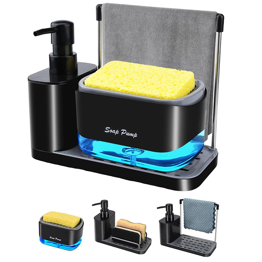 Jabonera Cocina 2 en 1,Dispensador de Jabón y Organizador Fregadero con Bandeja Antideslizante,Estante para Trapos,Soporte para Esponja y Dispensador,Ideal para Lavar Manos y Platos