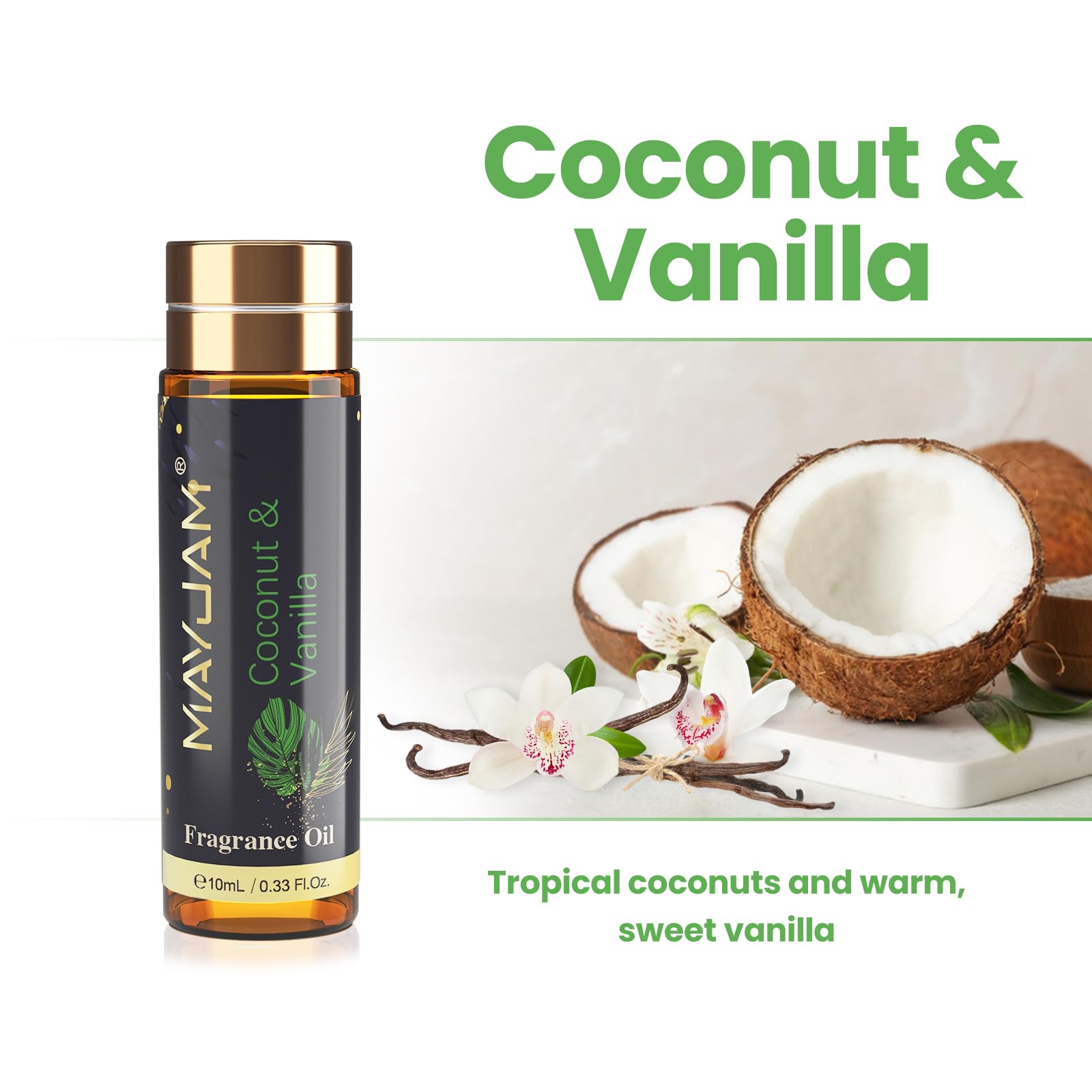 MAYJAM Olio Essenziali di Cocco e Vaniglia 10ML, Olio Di Fragranza Premium Per Diffusori di Olio Essenziali, Aromaterapia, Casa, Bruciatore Di Olio
