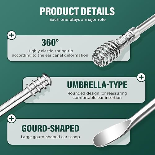 Miniatura 3 de Juego de 6 piezas de acero inoxidable para eliminar cera de oído, juego de herramientas de limpieza de orejas en espiral y resorte, innovador juego