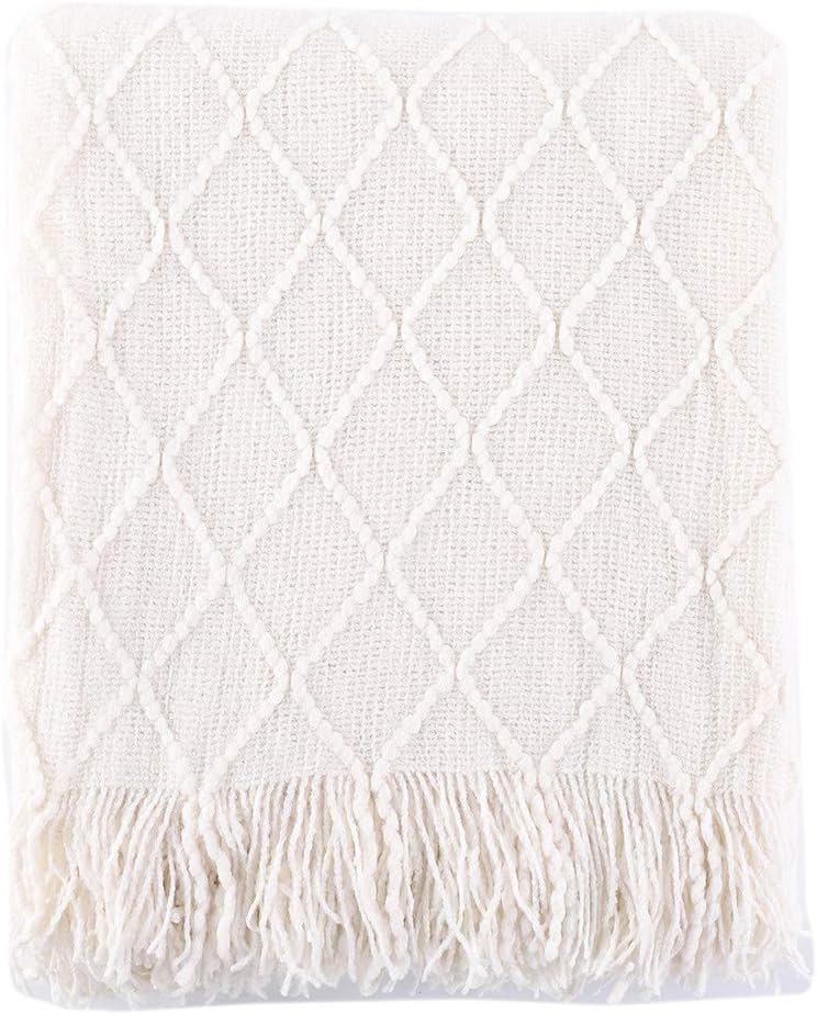 BATTILO HOME Cream Throw Blanket for Couch, Boho Bedroom Decor Throws, Decorative White Throw for Sofa Living Room, 50"x60"