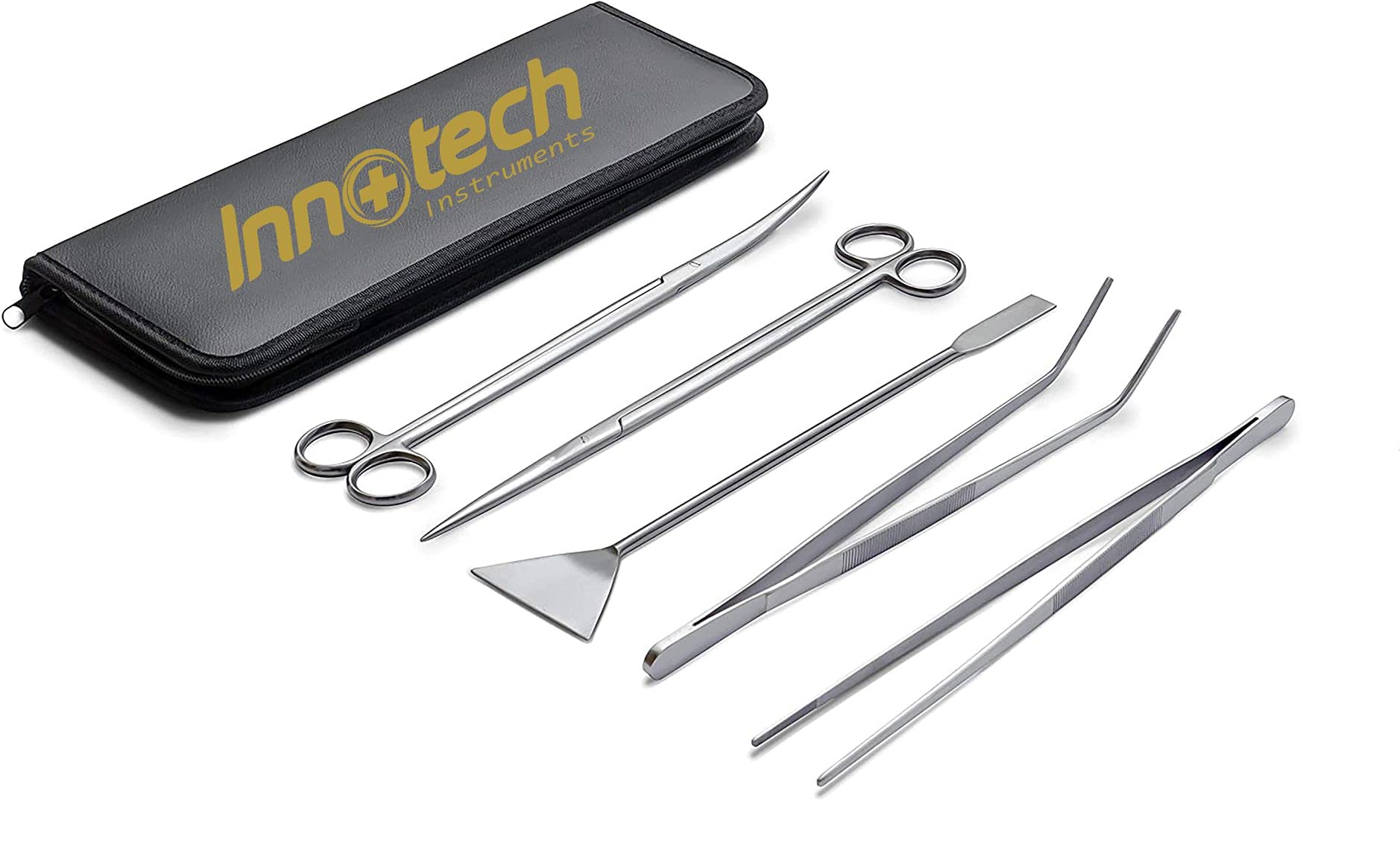 Innotech Kit di pulizia per acquario nero Aquascaping Set completo per terrario Strumenti per la cura in acciaio inossidabile (pinzette per piante, forbici per piante, spatola per ghiaia) (set da 5