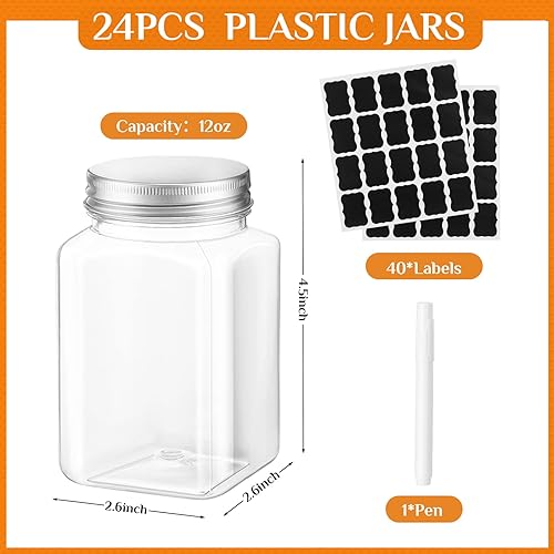 Miniatura 2 de Recipiente cuadrado de plástico de 12 onzas con tapas, etiquetas, bolígrafo, boca ancha, transparente con sello de PET, tarro vacío para caramelos,