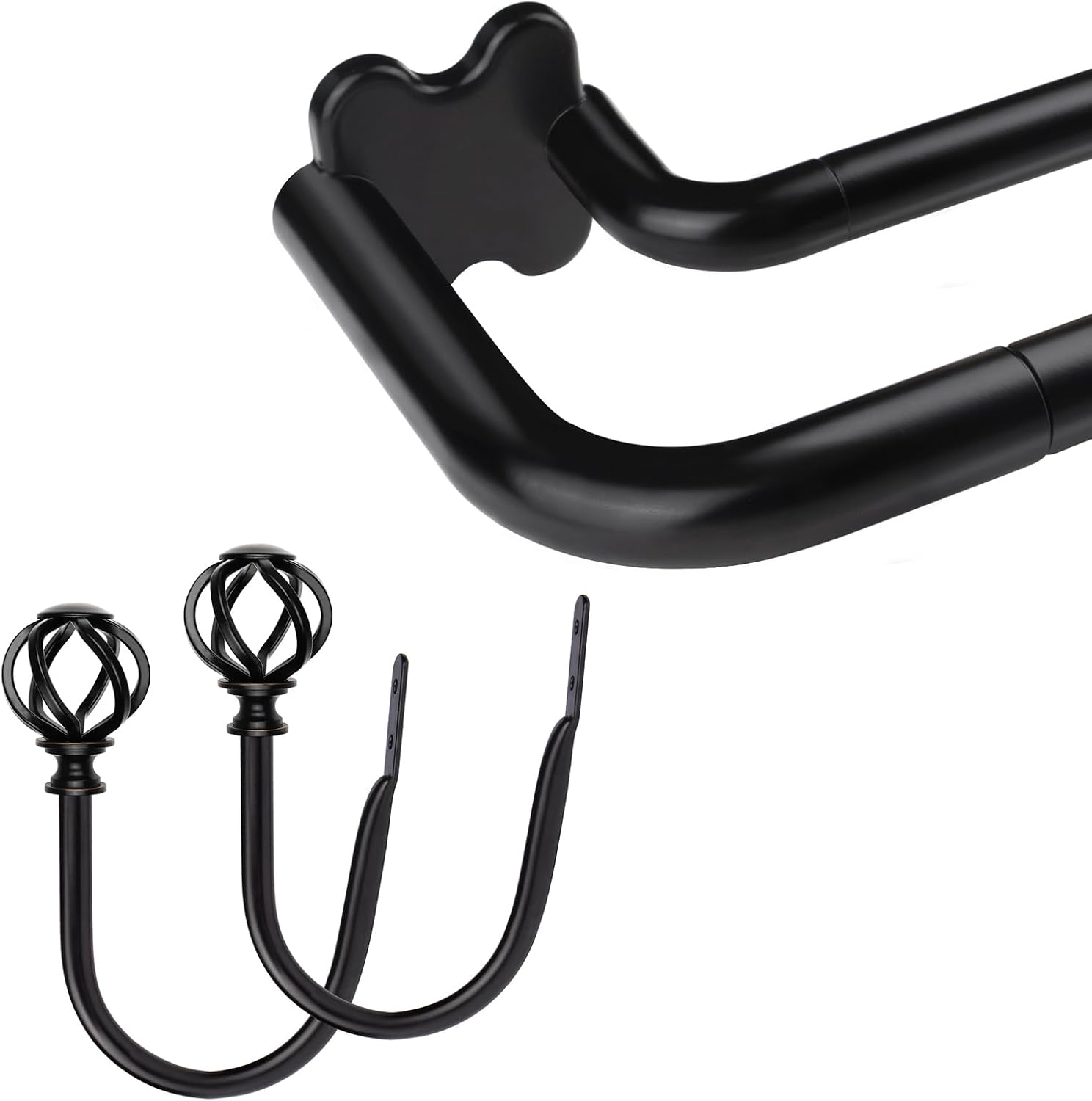 Black Wrap Around Double Curtain Rods 32 to 58 and 2 Pack Black Curtain Holdbacks with Twisted Cage Finials(Bundles)