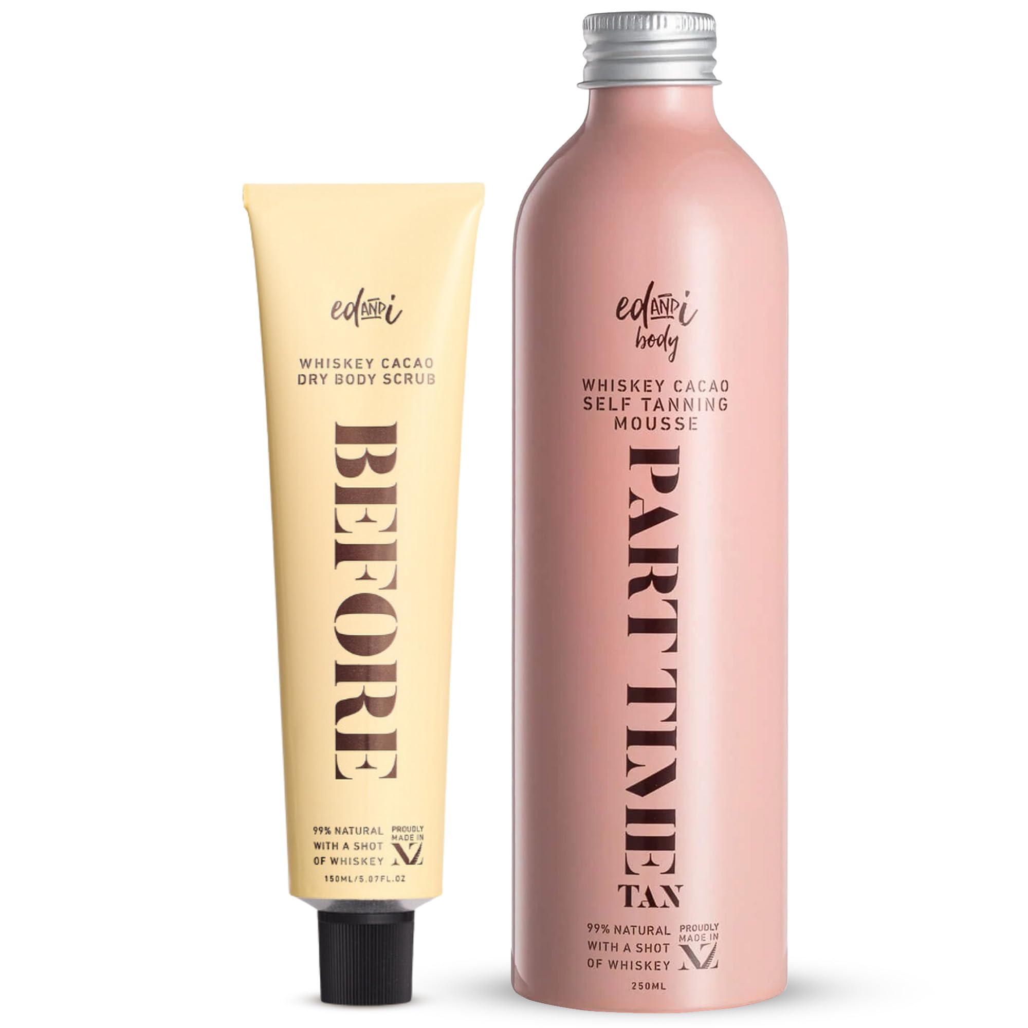 edandi TAN KIT BUNDLE - Whiskey Cacao BEFORE Dry Body Exfoliator Scrub and PART TIME Natural DHA Self Tanner Kit