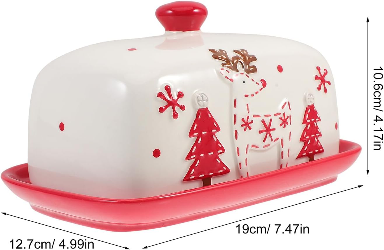 Christmas Style Ceramic Butter Dish with Lid Reusable Butter Container for Kitchen Party and Restaurant Use Easy to Clean