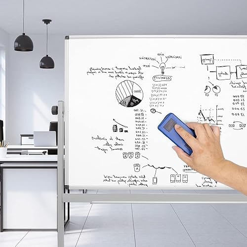 Miniatura 7 de Pizarra blanca móvil, pizarra magnética de borrado en seco de doble cara, estructura de metal estable, 48 x 32 pulgadas, marco de metal de color