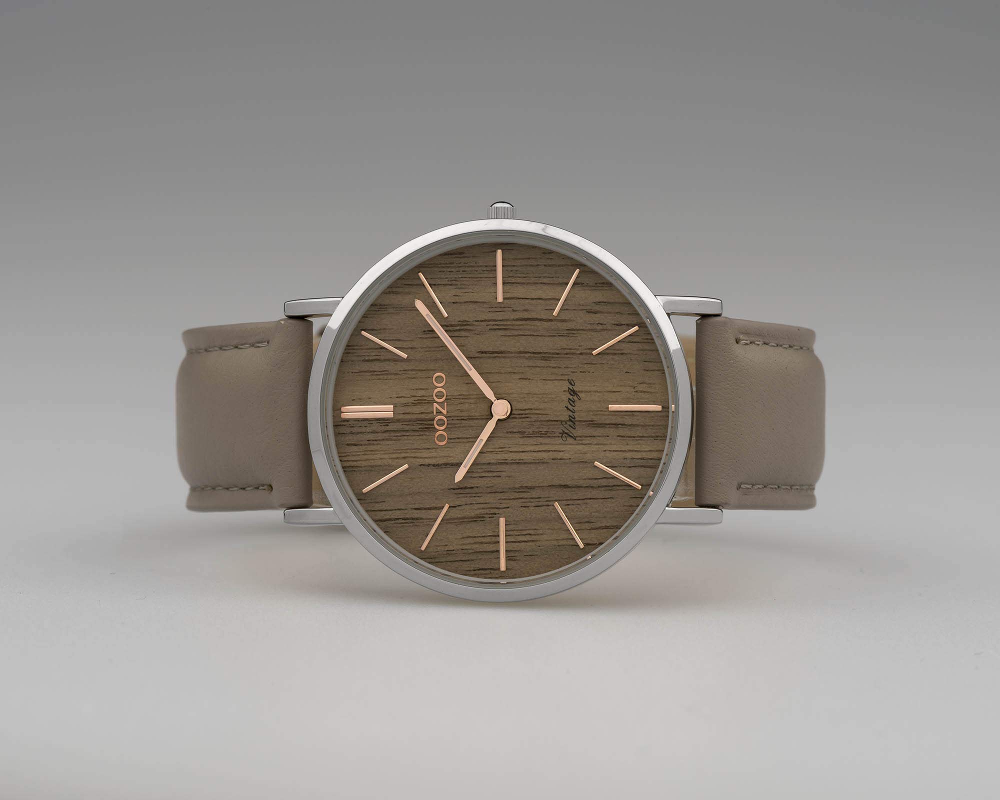 Flache Oozoo Vintage Damenuhr mit Holz Zifferblatt und Lederband in 40 MM (Braun/Taupe)