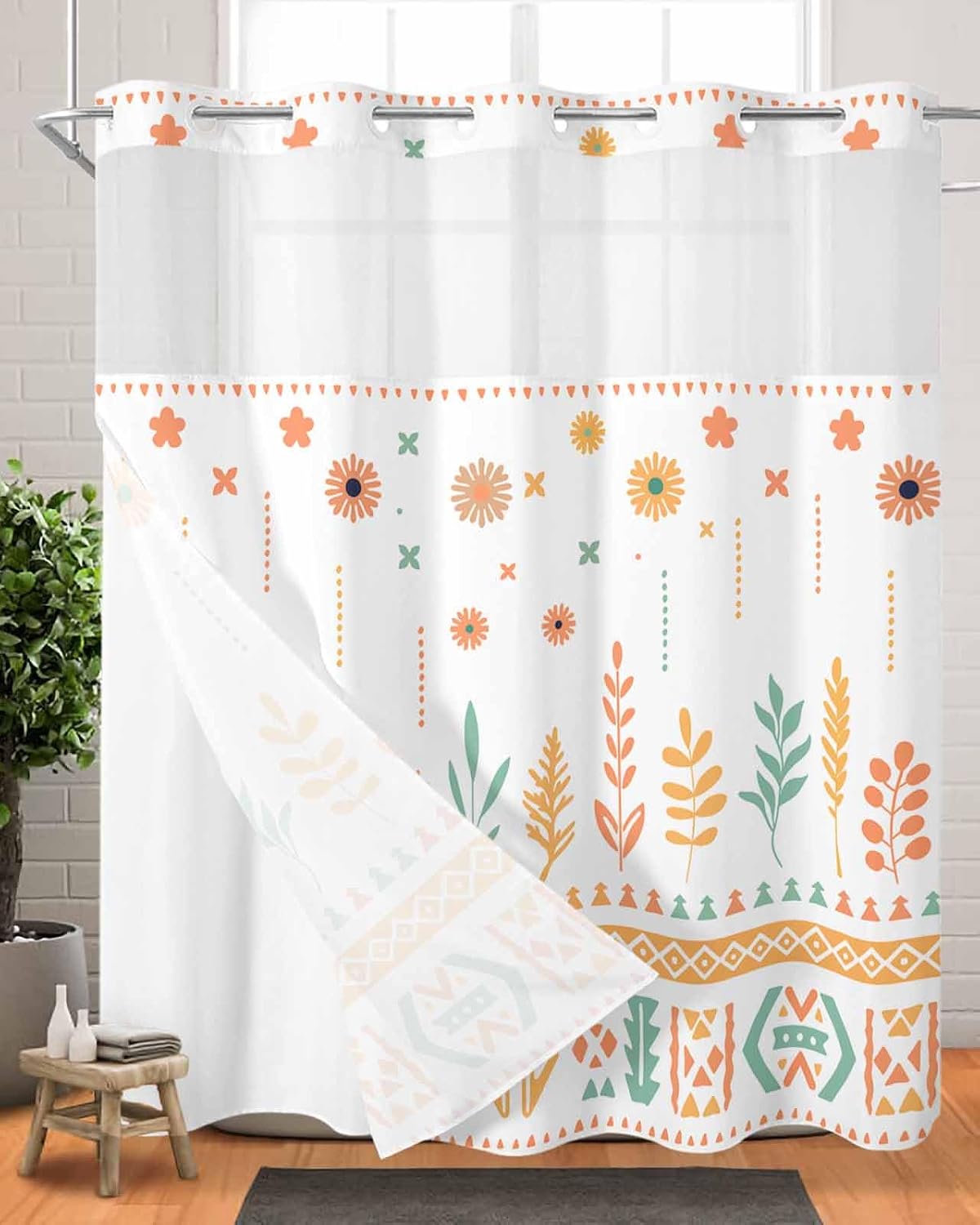 ALAGEO Shower Curtain with Snap-in Fabric Liner Set Western Aztec No Hook Shower Curtain with Mesh Top Window White Ethnic Floral Grass Shower Curtains Waterproof 72x72