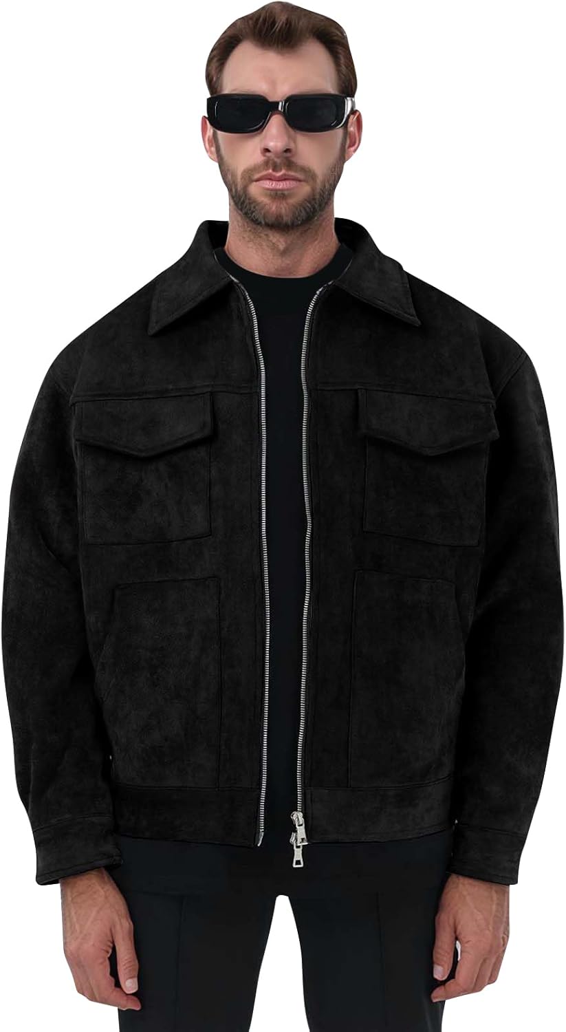 Men's Suede Jacket Full Zip Casual Vintage Cargo Jackets Lightweight Classic Trucker Coat, S-XL