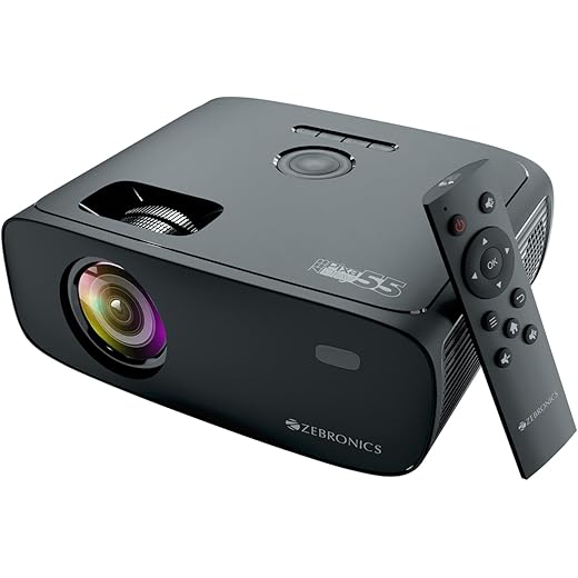 ZEBRONICS PIXAPLAY 55, Smart Projector, 8000 Lumens, 4K Support, 150 Inch Screen Size, Quad Core Processor, Bluetooth, HDMI, USB, WiFi, mSD, AUX, 1080p Native, APP Support, Miracast
