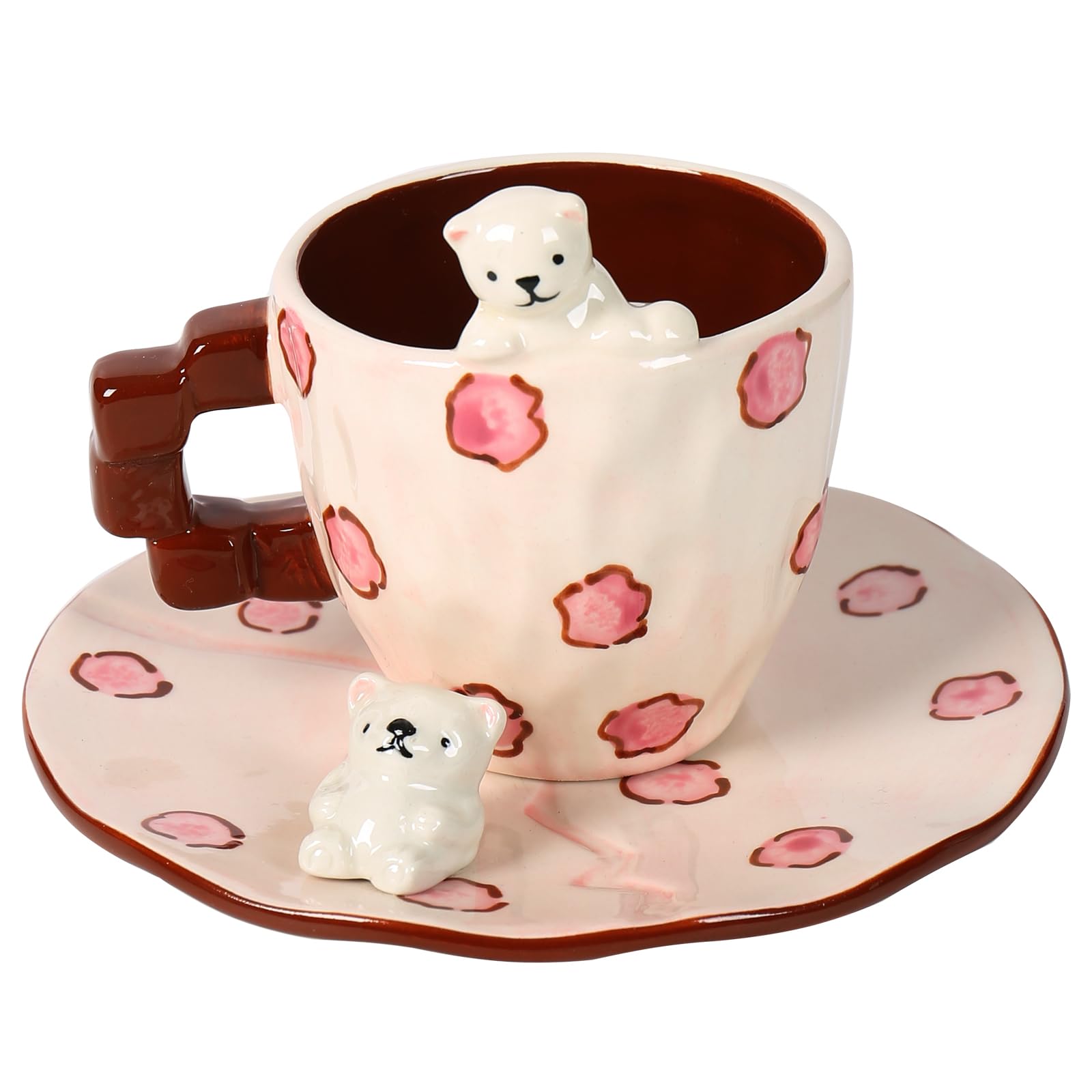 YGTUCE Cute Ceramic Coffee Mug, Handmade Polar Bear Tea Cups and Saucers for Women Tea Party, Latte Milk Cappuccino 8OZ (Pink Polka Dots)