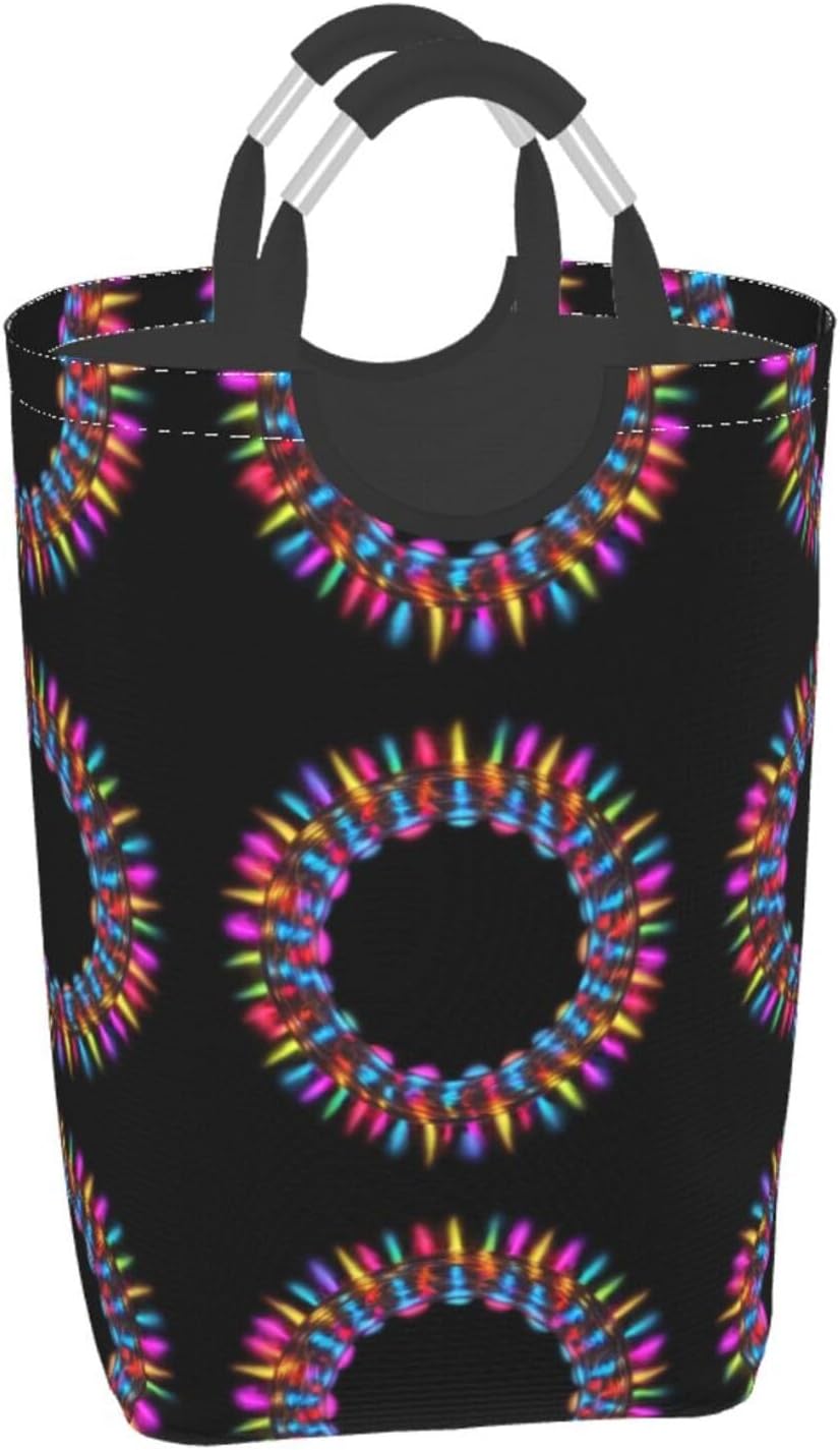 Psychedelic neon circle Foldable storage bag, 50L capacity, suitable for laundry room, dormitory bedroom, dirty clothes storage basket.