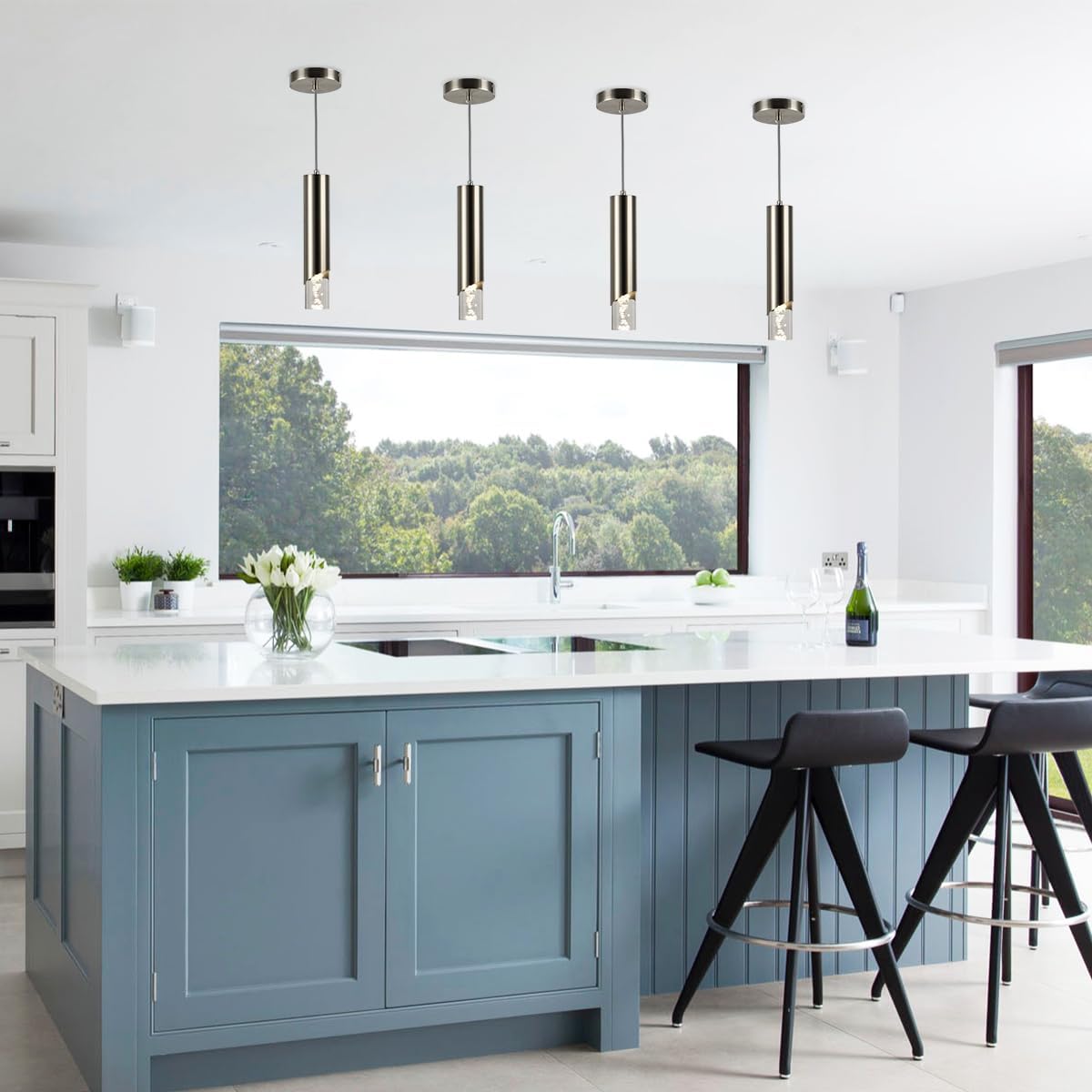 Modern Cylinder Pendant Light, Dimmable Brushed Nickel Acrylic Pendant Lights Kitchen Island, Single Small Ceiling Light Fixture with Bubble for Vanity Powder Room