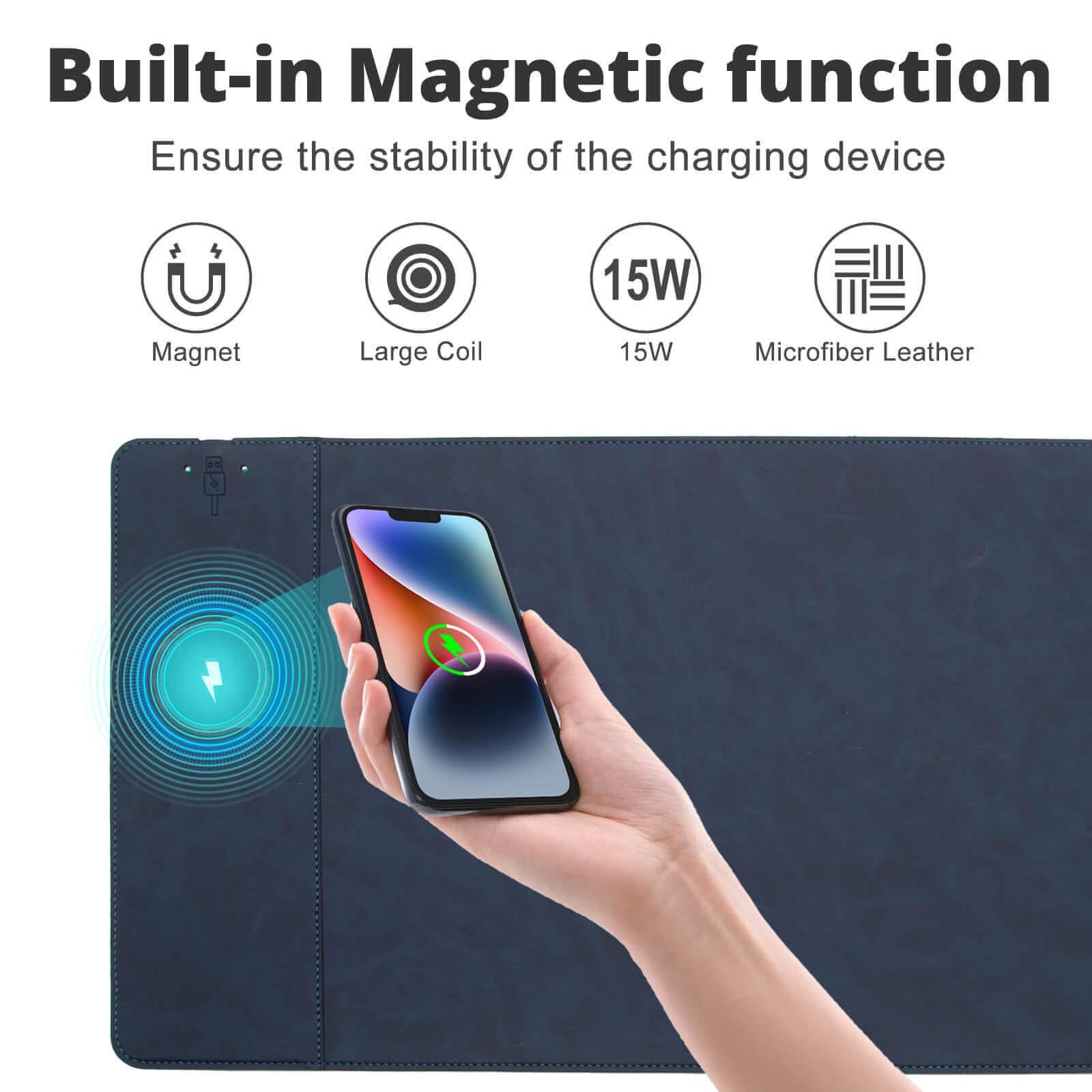 Tappetino da scrivania magnetico con ricarica wireless, tappetino da scrivania per ufficio con caricabatterie wireless, tappetino per mouse grande impermeabile e resistente ai graffi, tappetino per