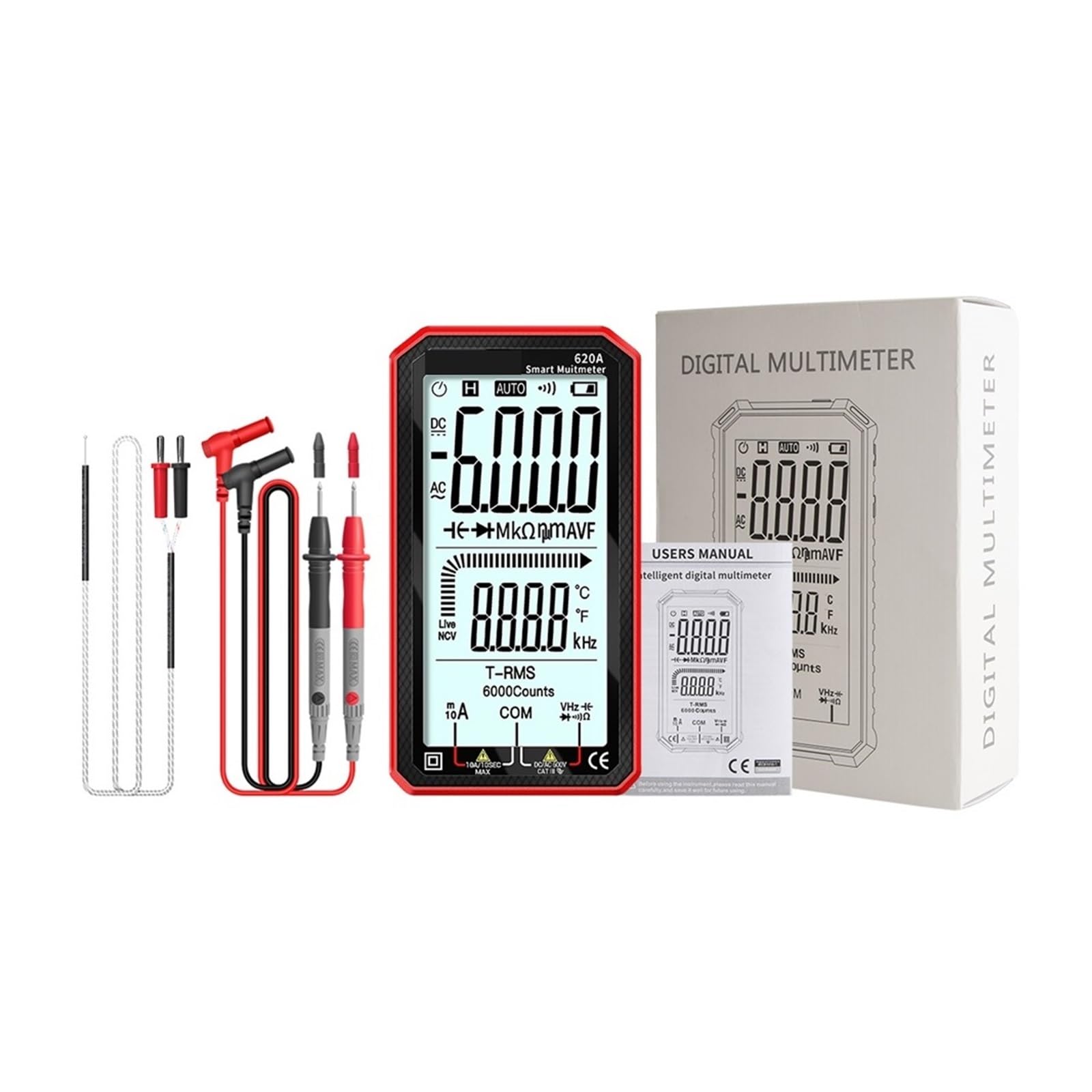 Tester Multimetru Cyfrowy Inteligentny Multimetr Testery Tranzystorowe 6000 Zlicza True Rms Automatyczny Miernik Pojemności Elektrycznej Odporność Na Temperaturę Precyzja Bezpieczny(620A Red sheath)