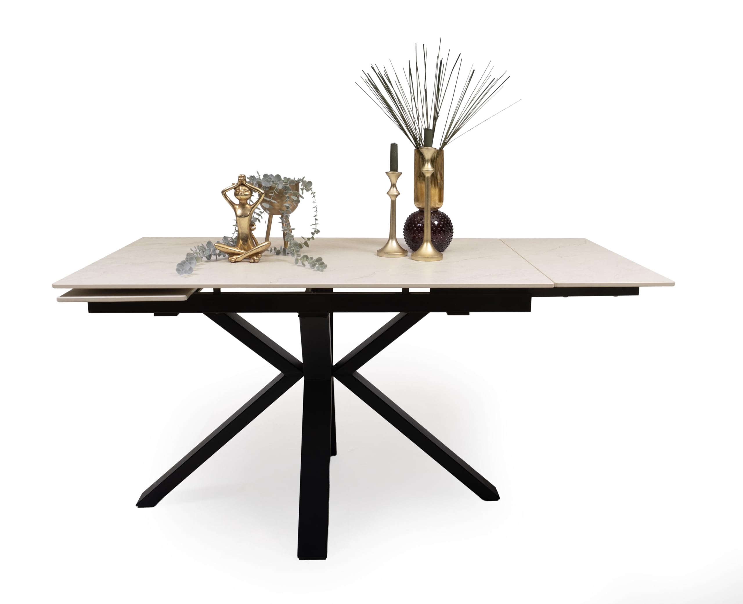 Homely® | Mesa de Comedor Extensible Marble con Tapa Porcelánica 120-180x80 cm | Acabado Efecto Mármol Boticcino Beige | Patas Metálicas Negras | Mesa Cocina, Comedor Moderna