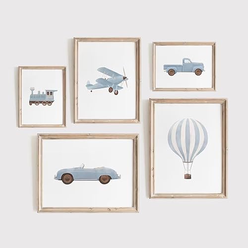 Arte de pared de automóvil azul para decoración de habitación de niños, póster vintage de transporte de tren de tren, arte de pared, acuarela,