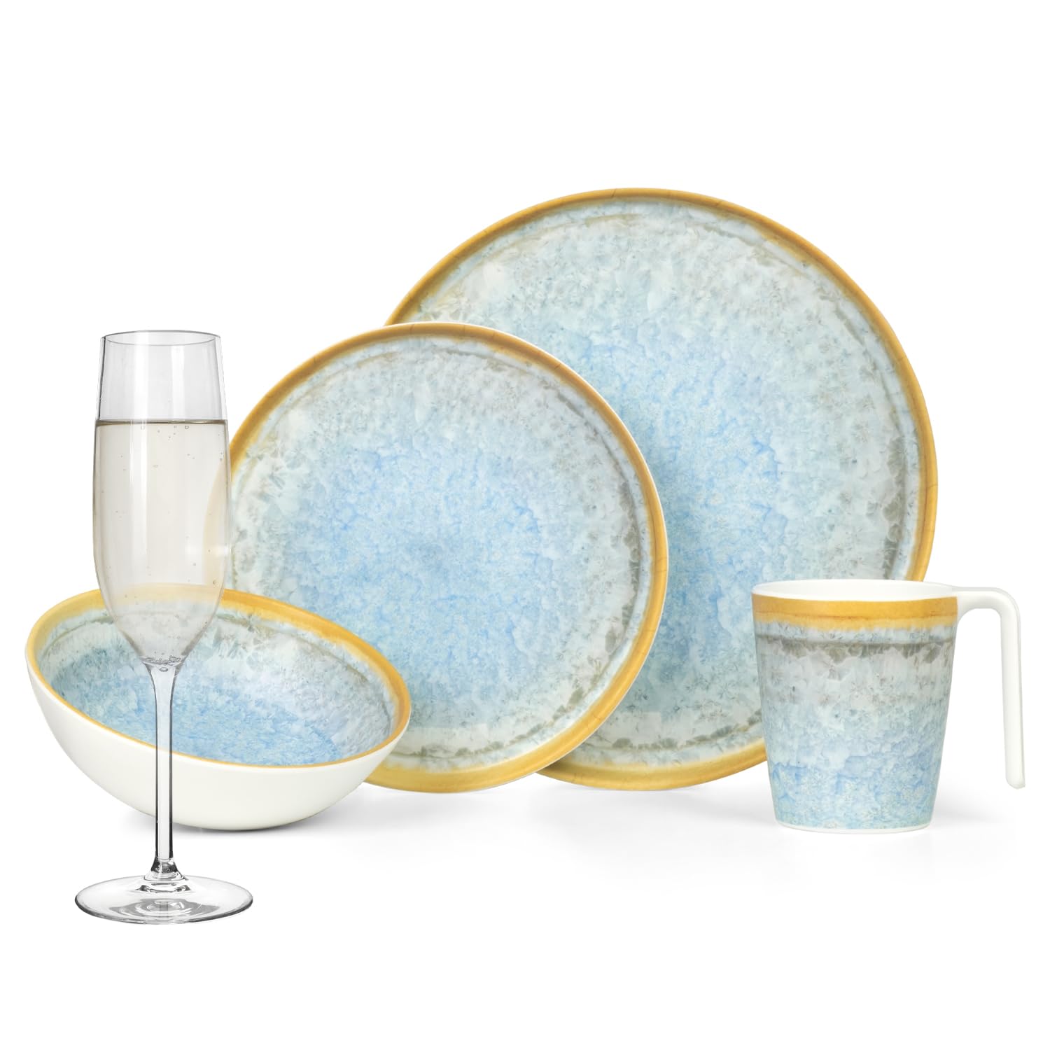 Melamina zestaw naczyń kempingowych dla 4 osób, Crystal Blue + 4 szklanki Timo Champgner Flûtes naczynia stołowe piknik BBQ naczynia do gotowania