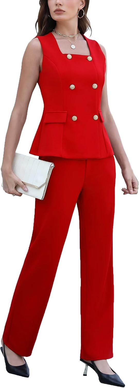 Ophestin Women's 2 Piece Blazer Outfits Square Neck Sleeveless Vest High Waist Pants Suit Set for Business Office Work Church