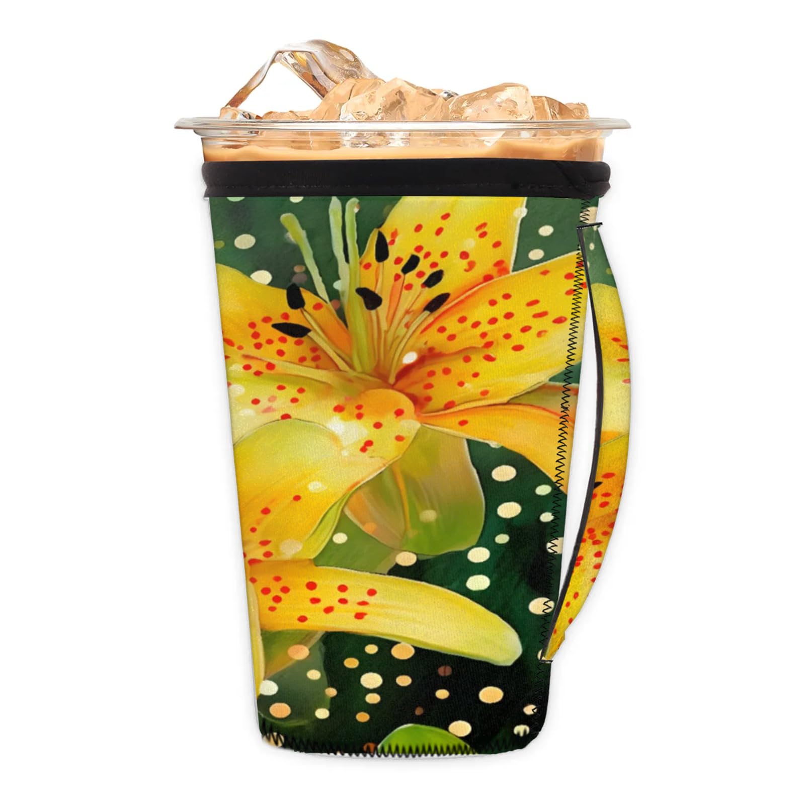 Lilies Yellow Reusable Neoprene Coffee Sleeve with Handle Insulated Iced Coffee Cup Holder Reduces Condensation Fits 24-28 oz Cups M