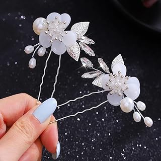 HEREAD Flower Hair Pins Pearl Silver Hair Accessroies Crystal Hair Piece for Women and Girls (Pack of 2) (Silver)
