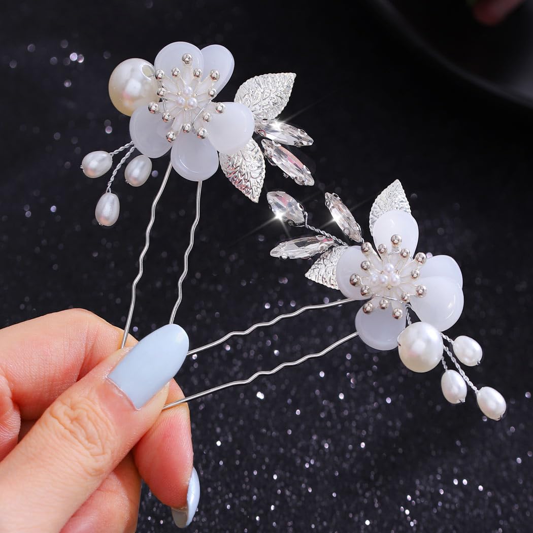 HEREAD Flower Hair Pins Pearl Silver Hair Accessroies Crystal Hair Piece for Women and Girls (Pack of 2) (Silver) - Image 6