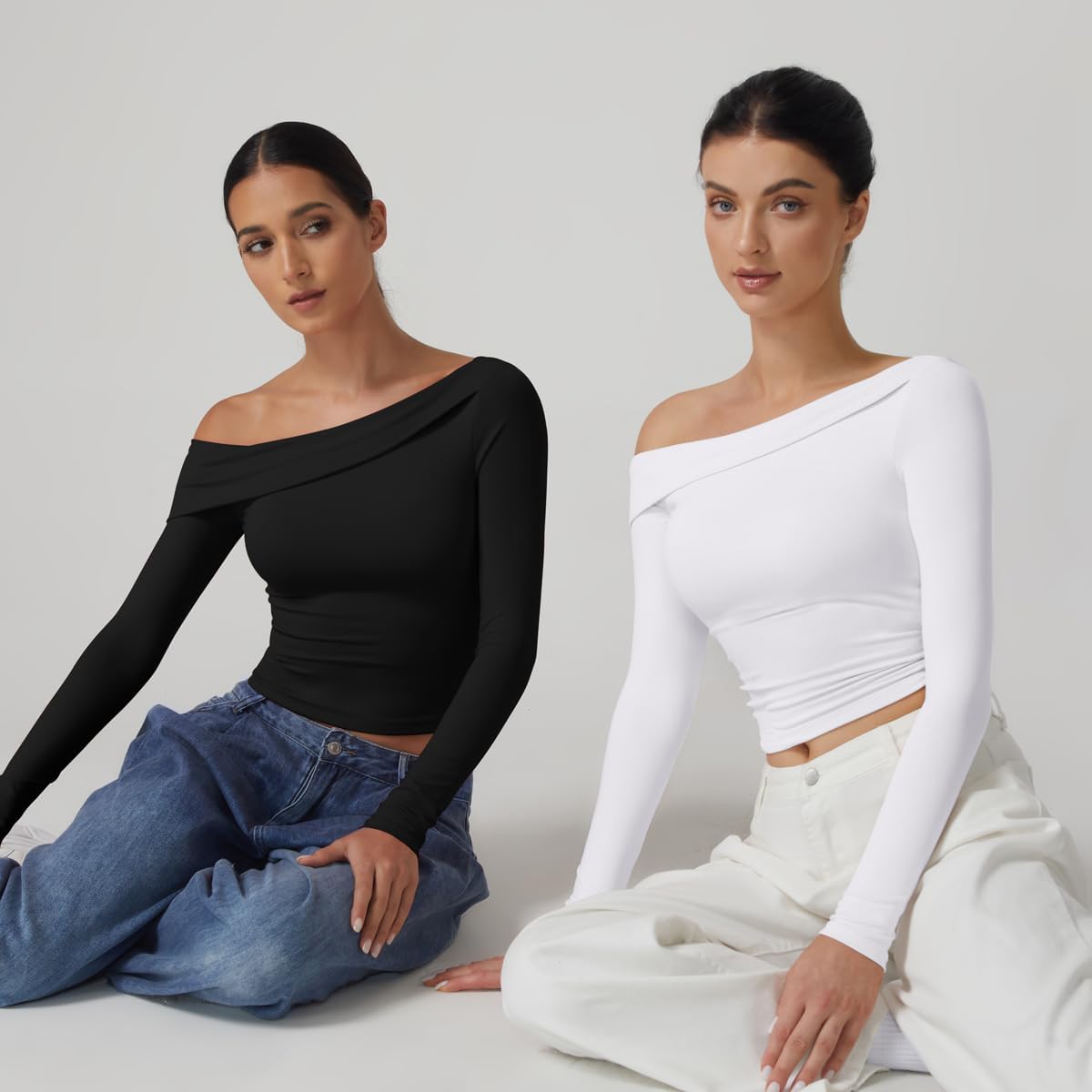 QINSEN Women Long Sleeve Off Shoulder Tops Trendy Double Lined Going Out Shirt for Fall - Image 6