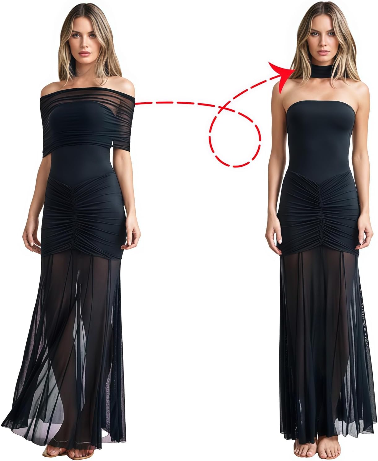 ZGMYC Women's Sexy Sheer Mesh Off Shoulder Maxi Dress Elegant Ruched Flowy Bodycon Long Dress Party Vacation Dresses - Image 3