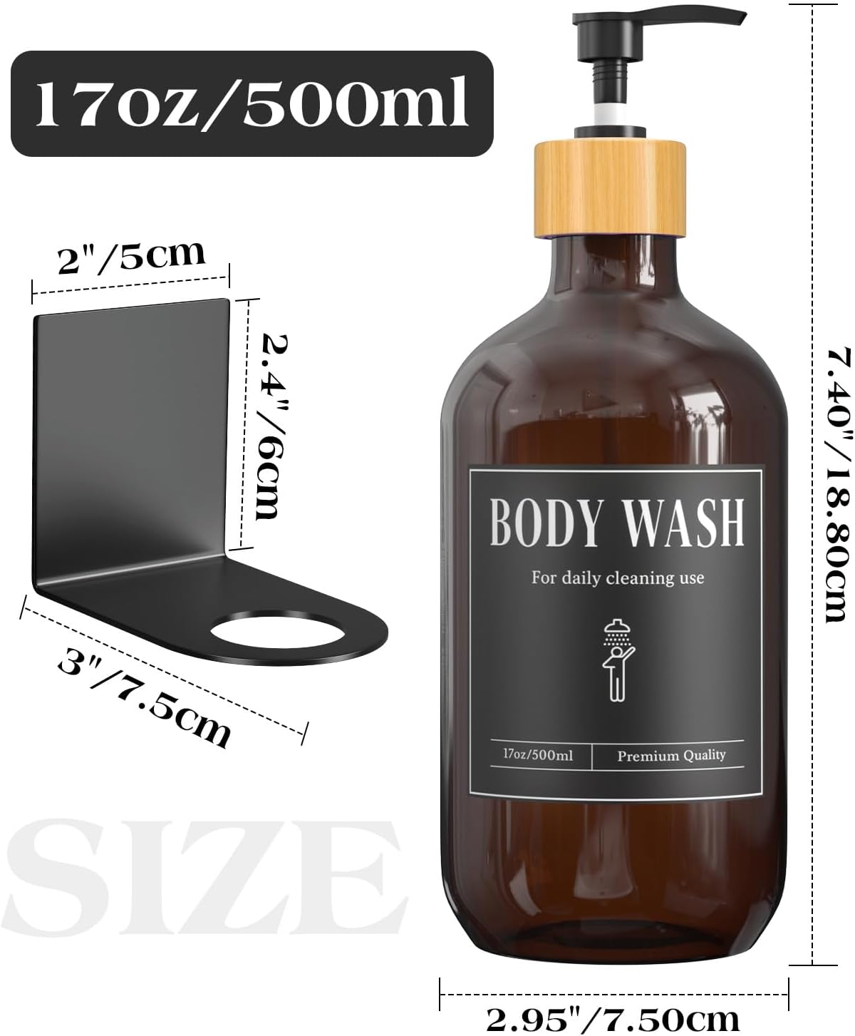 Luxspire Shampoo and Conditioner Dispenser, Shower Soap Dispenser Wall Mounted 3 Sets Plastic Bottles Bamboo Pump, 17OZ Shampoo and Conditioner Bottles for Bathroom, Shower Wall and Hotel, Amber