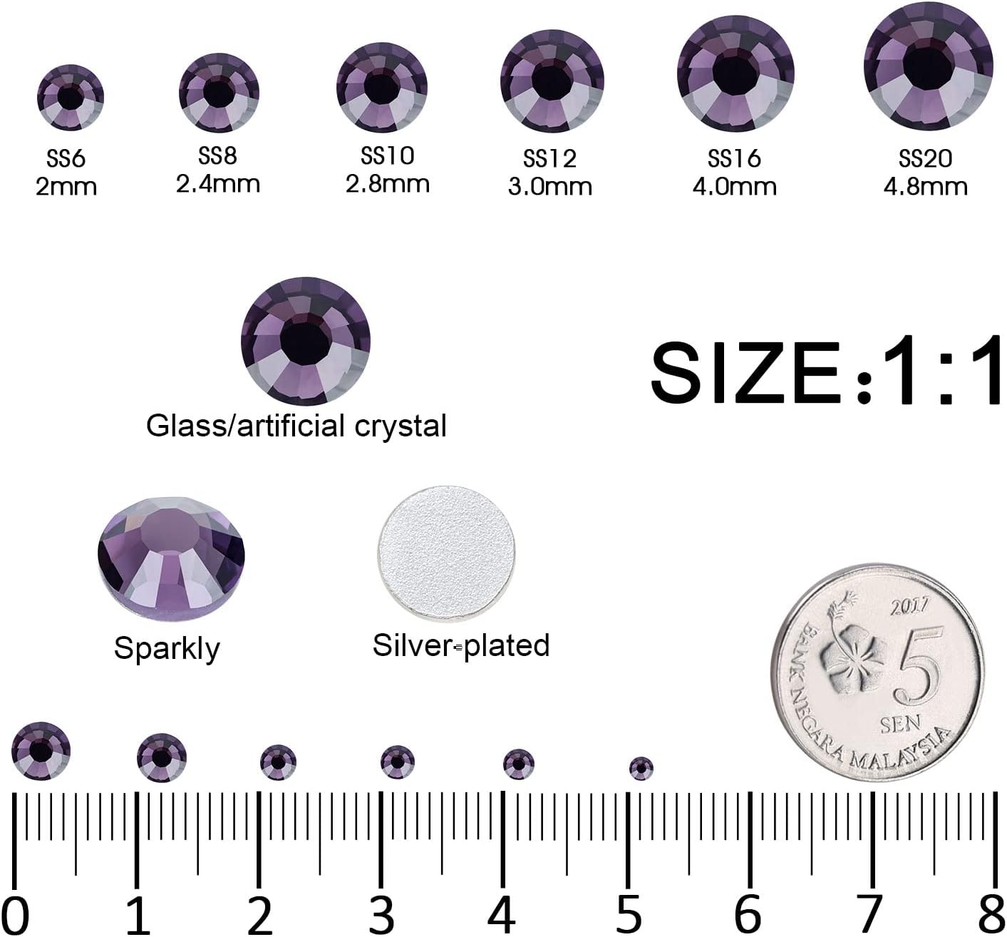 4240Pcs Flatback Purple and Champagne Rhinestones 6 Sizes Crystal Diamonds for Nail Art Crafts Clothes Shoes with Tweezers and Picking Pen