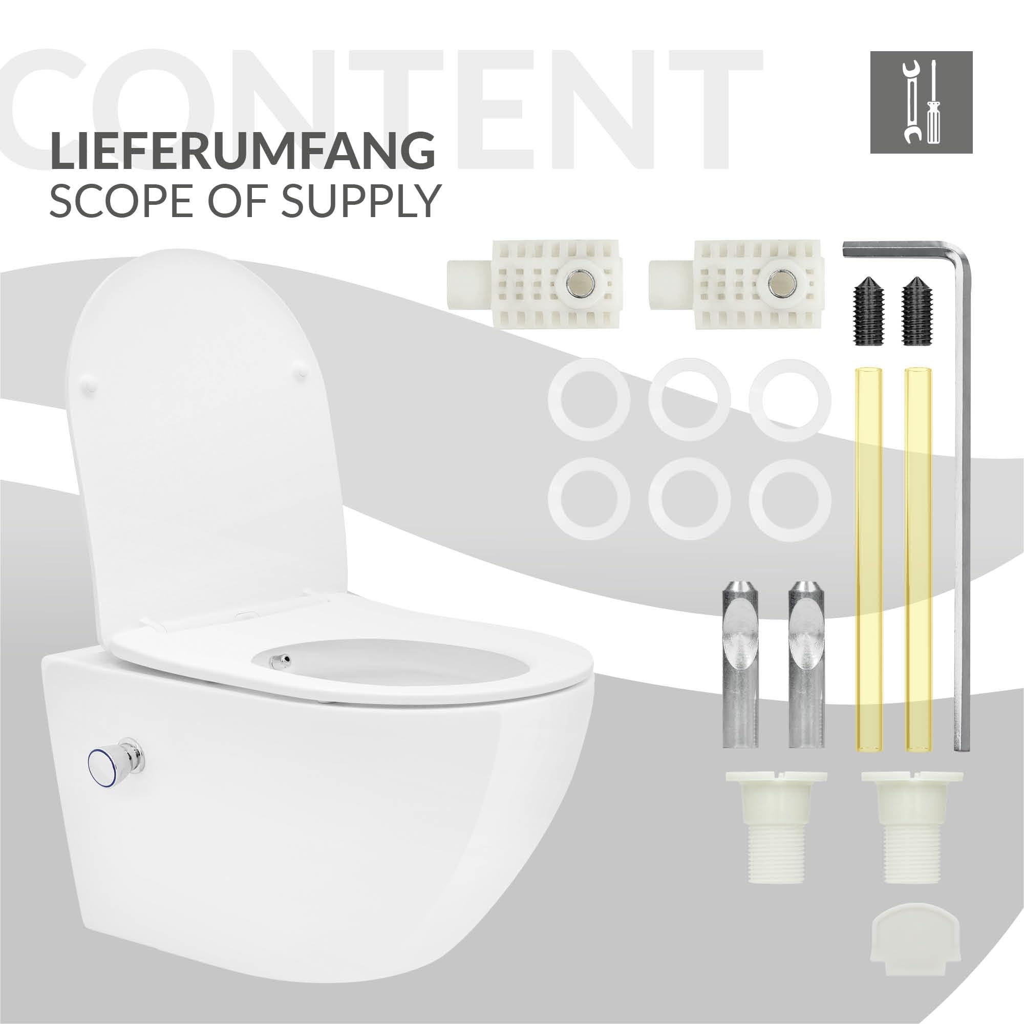 LuxeBath WC Suspendu sans Rebord Fonction Bidet, Blanc, en Céramique, à Chasse d'Eau Profonde Tornado, Long 54 cm, avec Couvercle Softclose, Cuvette Murale Brillante Abattant à Fermeture Automatique