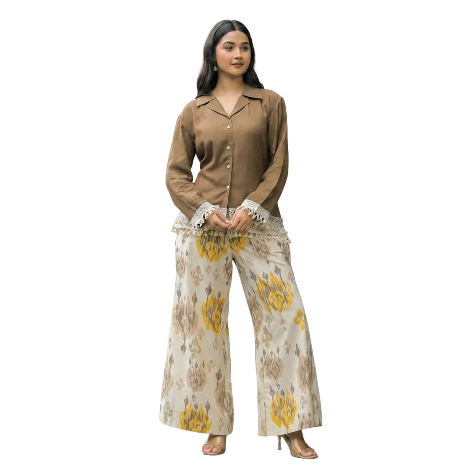 Women Cotton Shirt with Printed Palazzo | Womens Boho Two Piece Set with Lace Hem | Wide Leg Pants and Full Sleeve Top Set for Women | Womens Co Ord Set-image-7