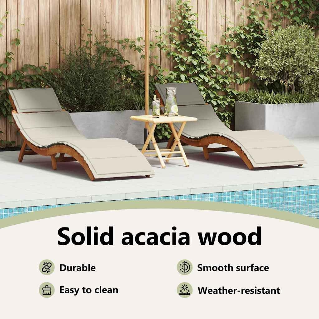 Close-up of the vidaXL sun lounger's acacia wood frame, highlighting its durable and smooth surface.