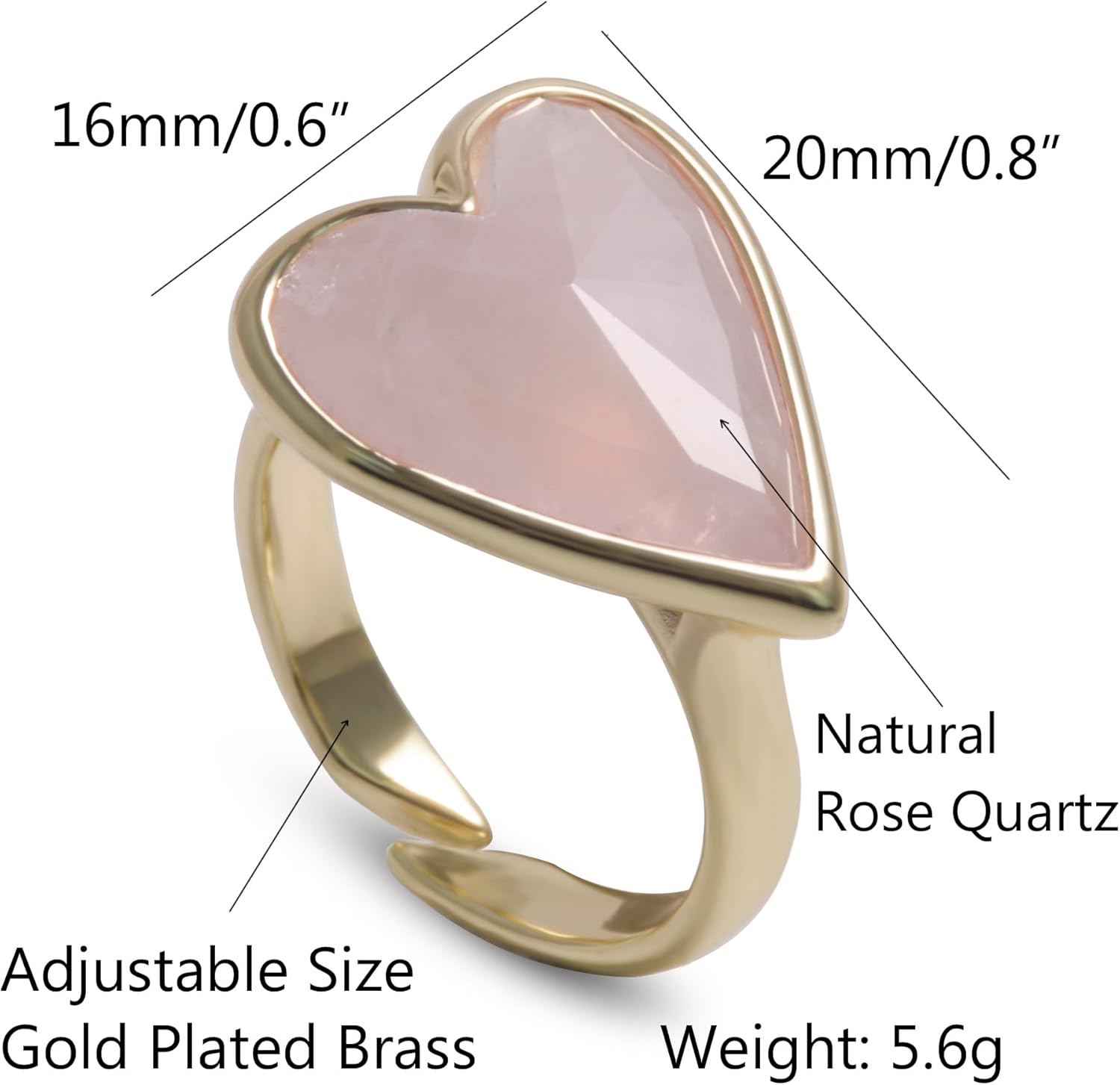 Natural Gemstone Ring, Heart Shape Genuine Crystal Quartz Amethyst Amazonite Rose Quartz Rings for Women, 14K Gold Plated Adjustable Crystal Rings. - Image 6