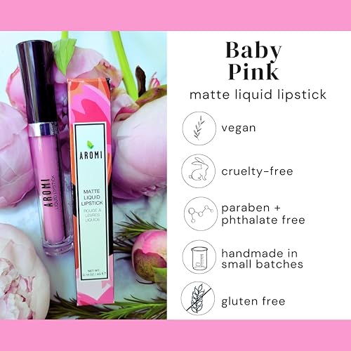 Miniatura 6 de Aromi Lápiz labial líquido rosa bebé, color rosa claro, a prueba de manchas, impermeable y duradero, vegano y libre de crueldad, hecho a mano (rosa
