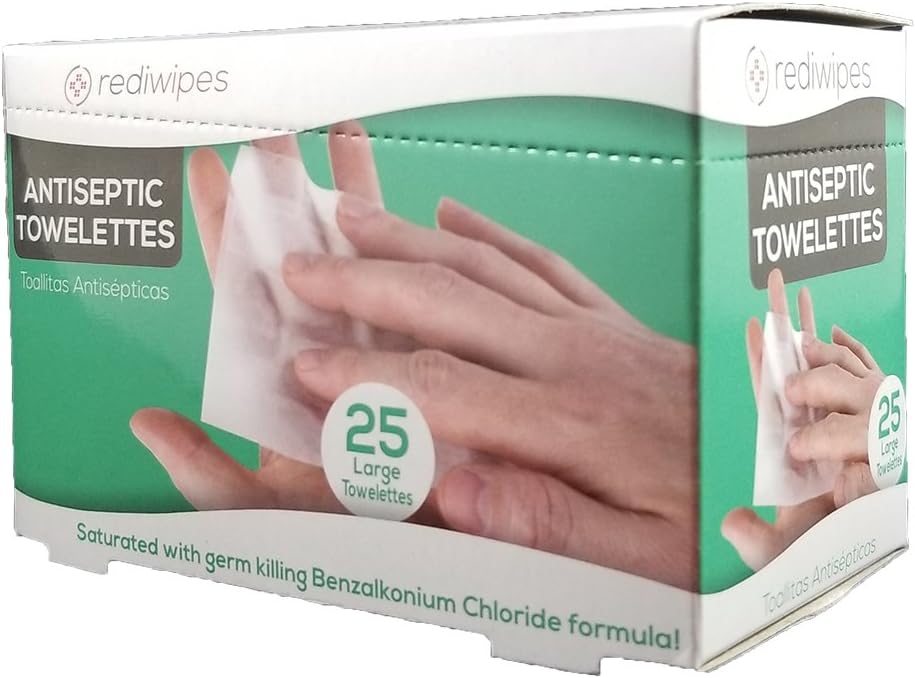 25 Large Antiseptic Wipes Individually Packaged Towelettes BZK Benzalkonium Chloride (Non Alcohol) with Dispenser Box great for first aid cabinets