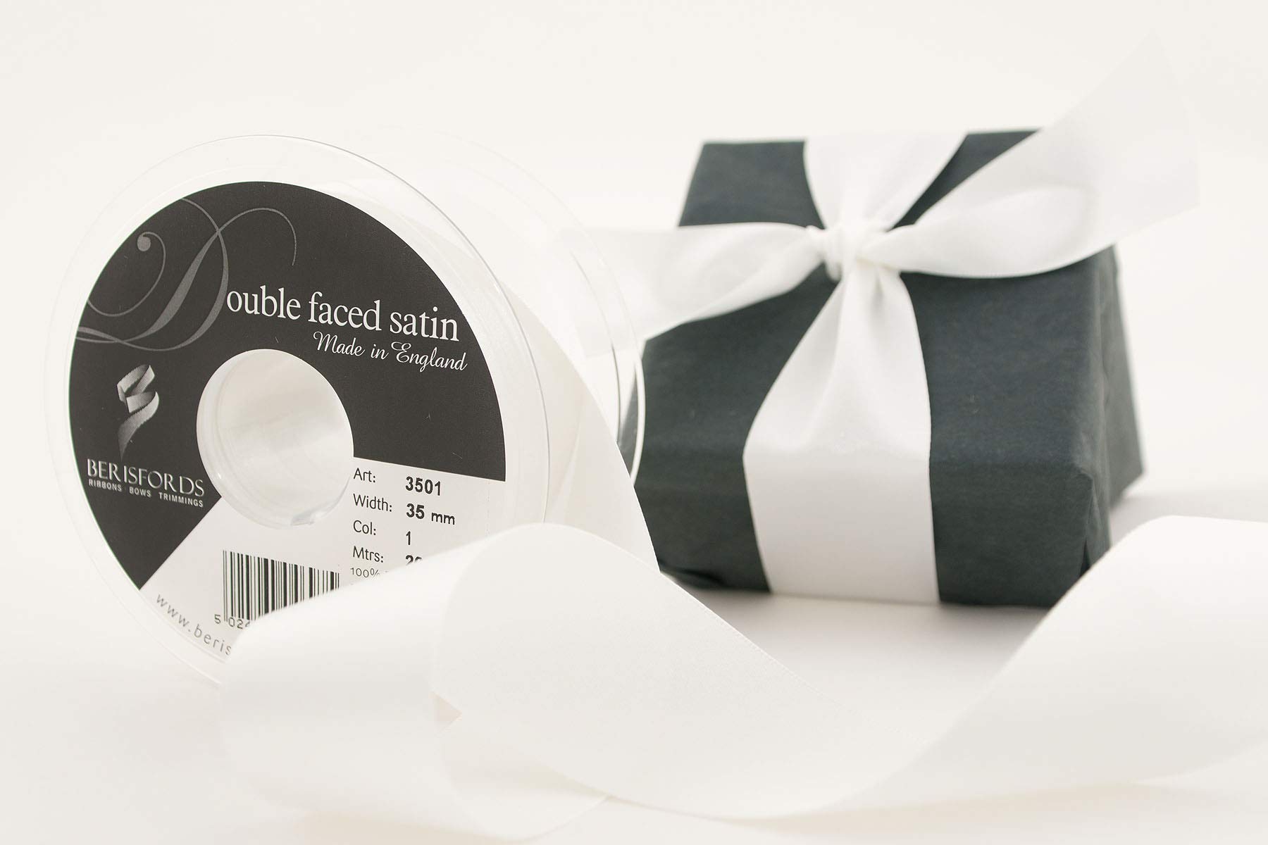 Berisfords Double Satin Ribbon, White, 35 mm
