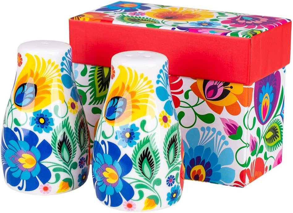 Generic Floral POLA I TOLA Salt and Pepper Shaker Set, Poland Traditional Decoration Ceramic Salt & Pepper Set, Colorful Beautiful Souvenir from Poland (Ceramic, White Łowicz), Small