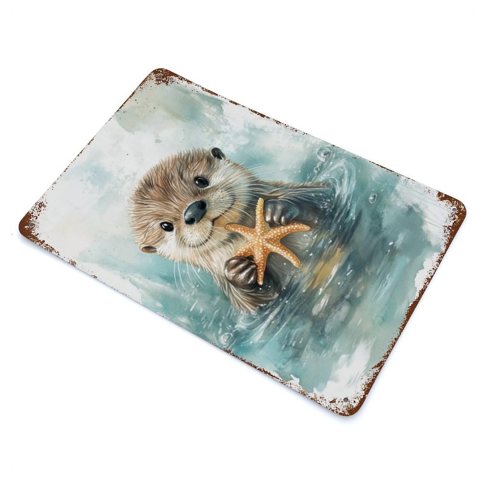 Cute Otter with Starfish Rustic Tin Plaque 11.8"x7.9", Ideal for Shed, Workshop And Garage Wall Decor