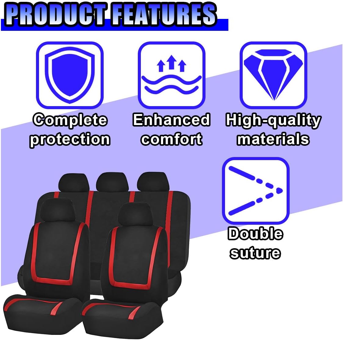 Car Seat Cover Full Set, Non-Slip Front Rear Seat Protector (Red) image 4