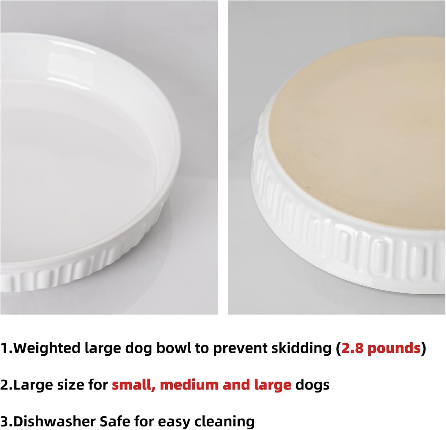 Fun Elements Shallow Dog Bowls, 10.5" Ceramic Large Food Plate for Small, Medium and Large Breeds, Non-Slip, Flat and Wide, Dishwasher Safe, Suitable for Dogs and Cats (White)