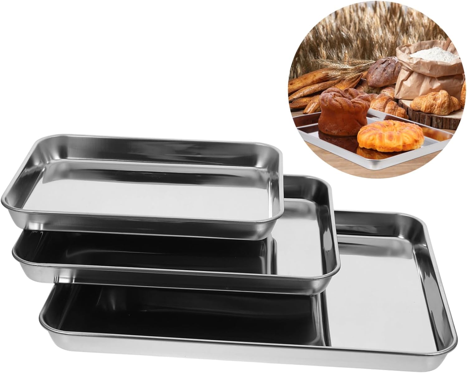 3Pcs Stainless Steel Toaster Oven Pans Compact Nonstick Baking Easy Clean Ovenware for Baking Cookies Roasting Vegetables and Daily Use Fits Ovens
