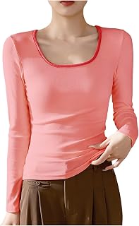 Camiseta de manga larga para mujer, camiseta de manga larga, color negro, camiseta elástica, manga larga, cuello en U, ropa de calle clásica y casual