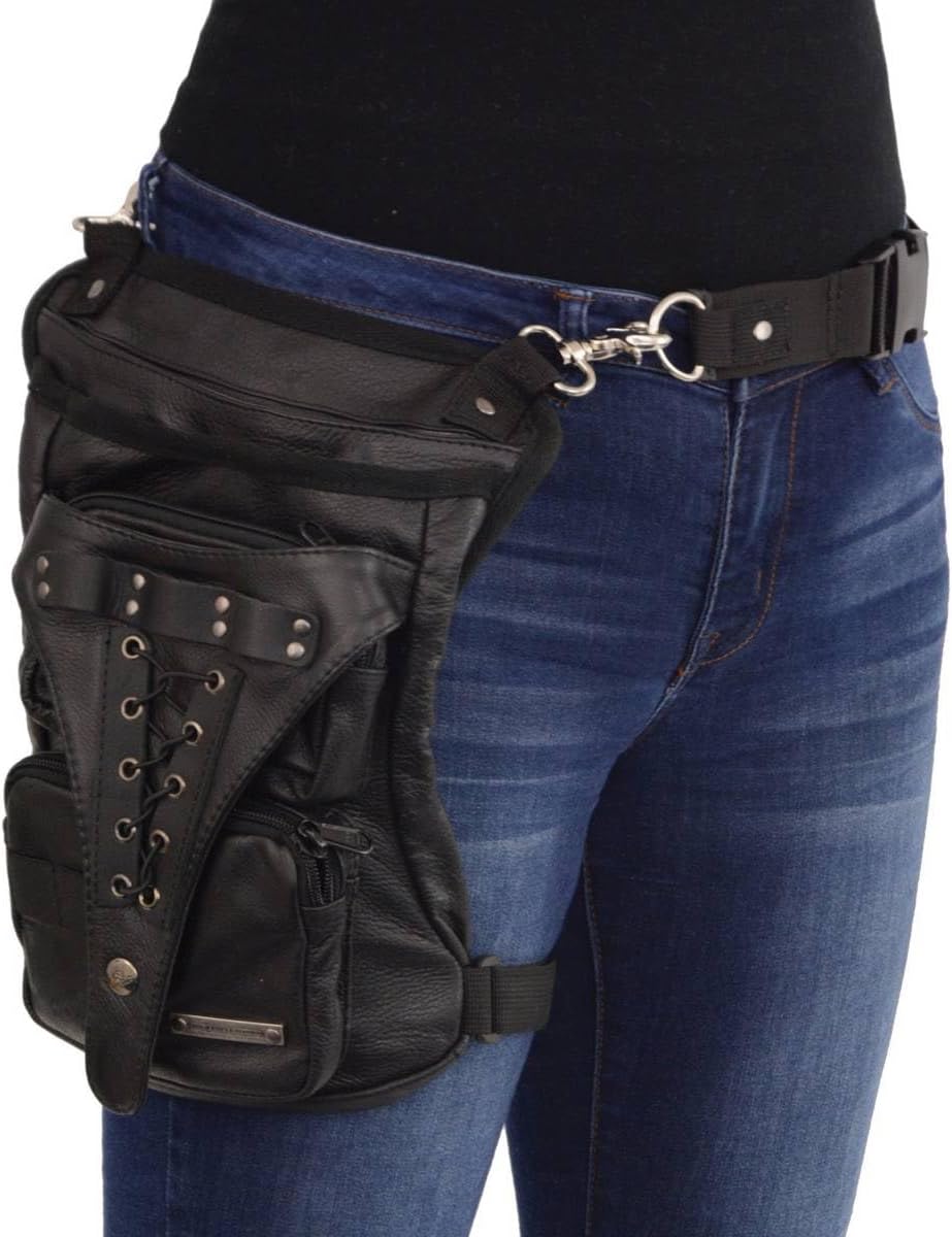Milwaukee Leather MP8885 Ladies Black Conceal and Carry Black Leather Thigh Bag with Waist Belt