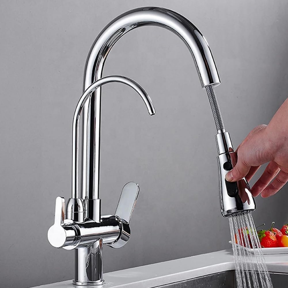 Robinet mitigeur d'évier extractible en Laiton avec Filtre et Jet d'eau Pure, 3 Voies, Eau Chaude et Froide, Montage sur Pont