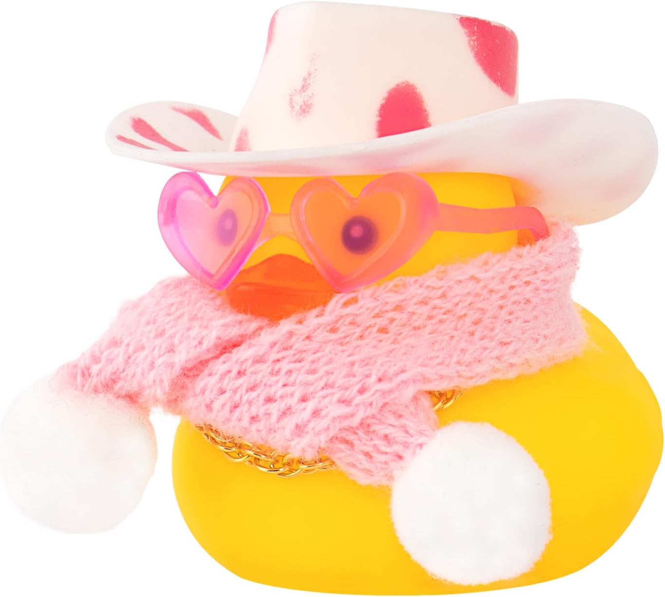wonuu Cute Christmas Winter Rubber Duck with Pink Heart-Shaped Sunglasses Knit Scarf Cowboy Hat Gold Chain Necklace, Assemble Needed, Dot-Pink