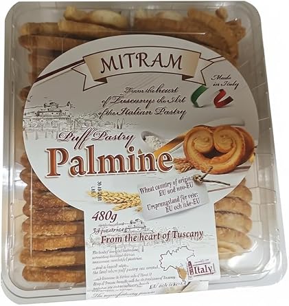 Authentic Italian Puff Pastry Palminine (480g) - Traditional Flaky Baked Pastries Made in Tuscany - Premium Sweet Dessert Biscuits Perfect for Breakfast, Coffee Breaks & Afternoon Tea Time