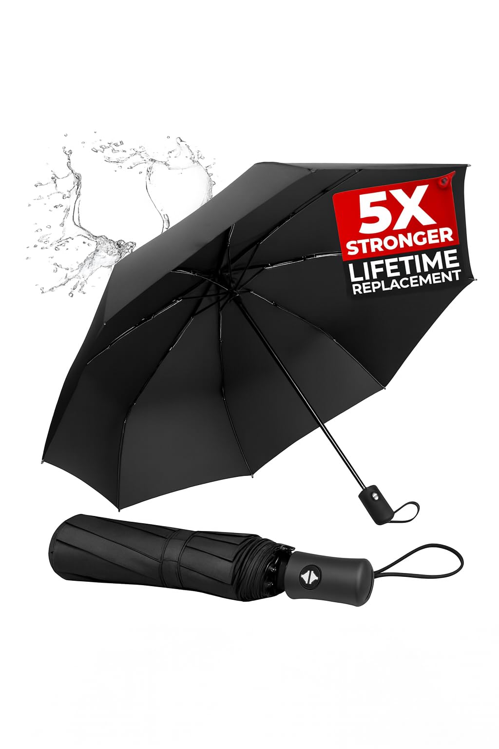 Windproof Travel Umbrella - Compact, Light, Full Automatic Open/Close - Folding Backpack Umbrella for Rain & Sun UV Preotection For Men & Women, Unbreakable 8 Fiberglass Ribs UK Design (Black)